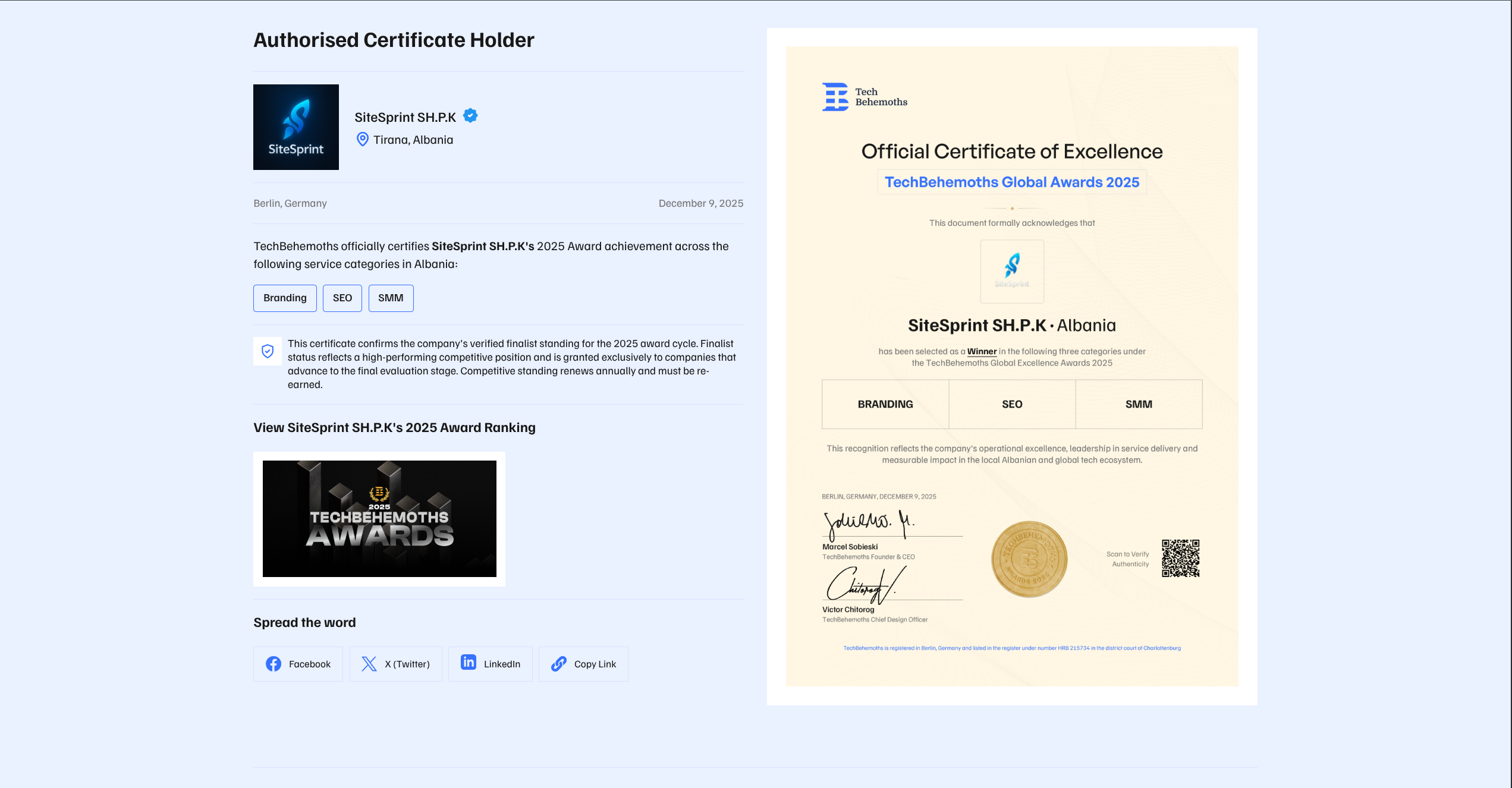 TechBehemoths Global Excellence Awards 2025 - SiteSprint Winner Certificate